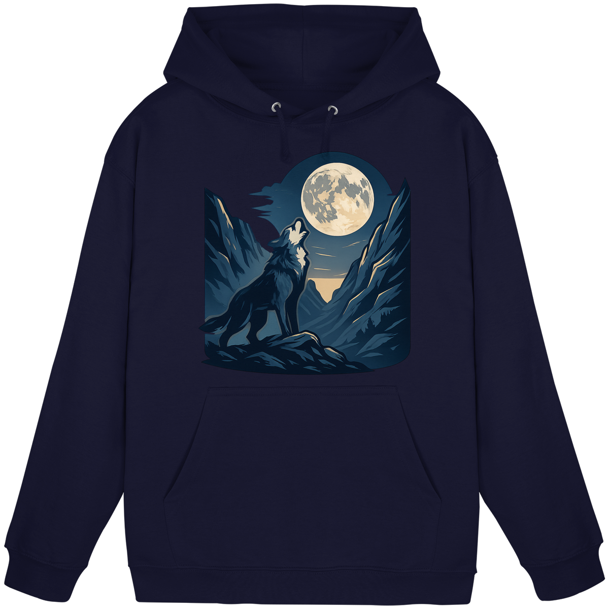 Front view of Arvenzo silver Howl hoodie, unisex navy blue hoodie with a simple design and adjustable drawstring hood.