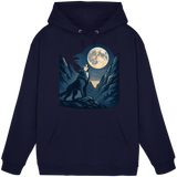 Front view of Arvenzo silver Howl hoodie, unisex navy blue hoodie with a simple design and adjustable drawstring hood.