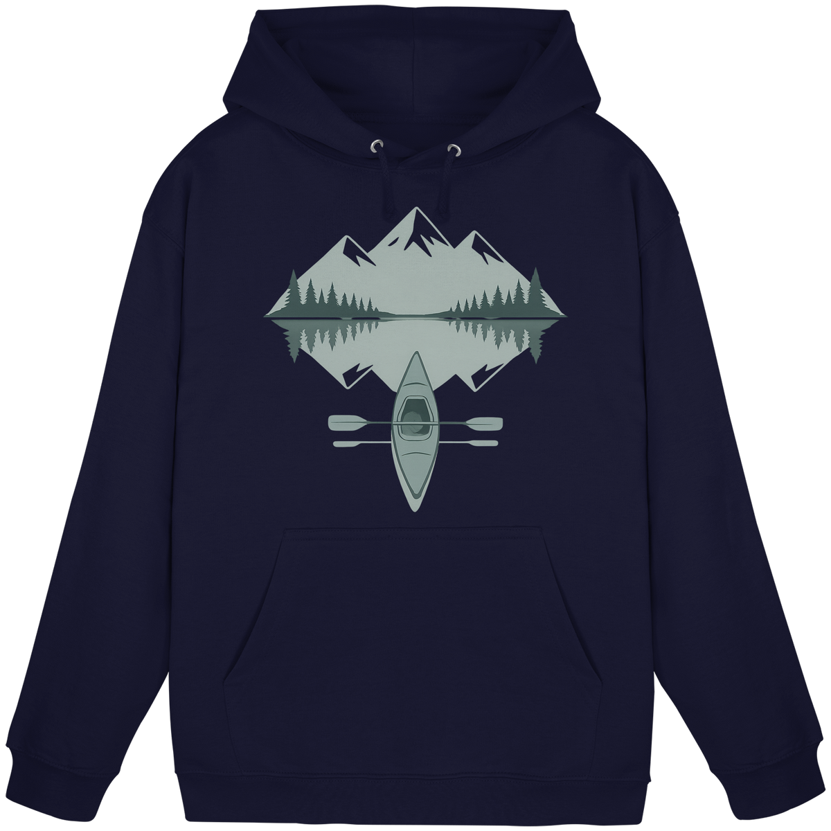 Front view of Arvenzo Mirror Lake unisex navy hoodie with a simple design and a drawstring hood.