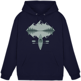 Front view of Arvenzo Mirror Lake unisex navy hoodie with a simple design and a drawstring hood.