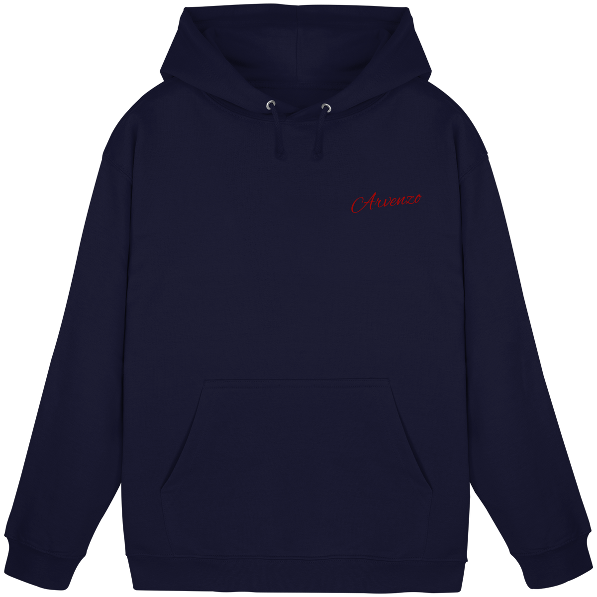 Front view of Arvenzo Pure Ground hoodie in navy, unisex design with a simple, clean look and a classic hood silhouette.