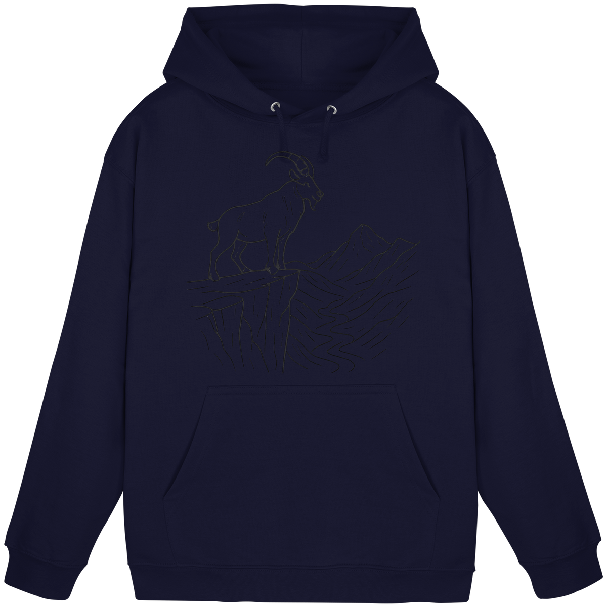 Front view of Arvenzo Cliff Edge Hoodie in navy, showcasing a unisex design with a simple, classic hoodie style.