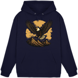 Front view of Arvenzo Iron Wing hoodie in navy with a minimalist wing graphic on a basic unisex design.