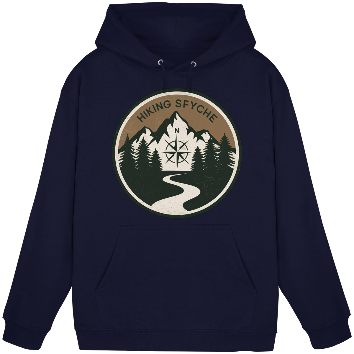 Front view of Arvenzo Trail Crest hoodie in navy, unisex design with a simple, classic fit and a front pocket.