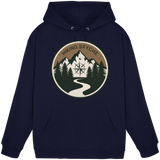 Front view of Arvenzo Trail Crest hoodie in navy, unisex design with a simple, classic fit and a front pocket.