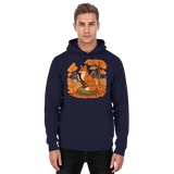 Unisex navy blue Ember Trail Hoodie by Arvenzo, showing a front view with a classic hoodie design and adjustable drawstrings.
