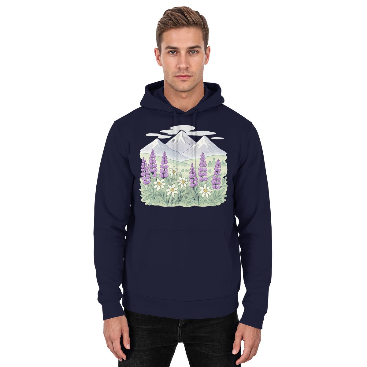 Front view of Arvenzo Alpine Bloom unisex hoodie in navy with a simple design and a comfortable fit.