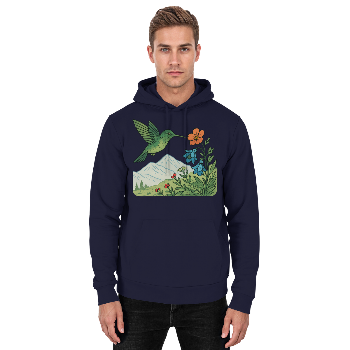 Arvenzo Bloom Wing hoodie in navy, front view showing unisex design with a simple, stylish hoodie style and basic fit.