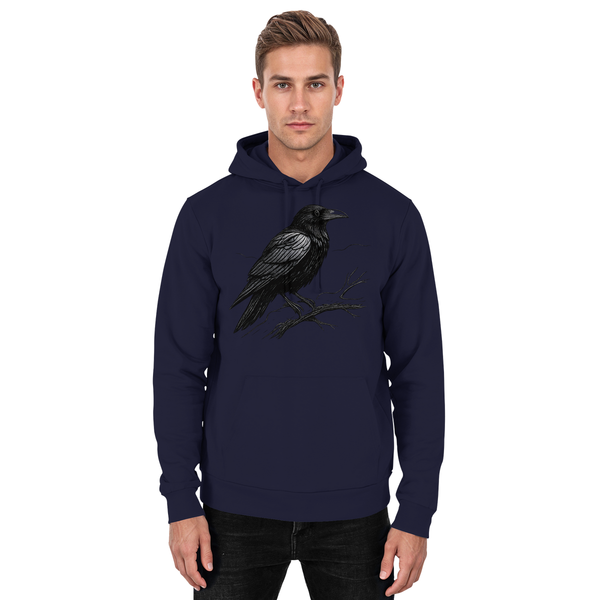 Front view of Arvenzo Dark Raven Hoodie, unisex hoodie in navy with simple design and a comfortable fit.