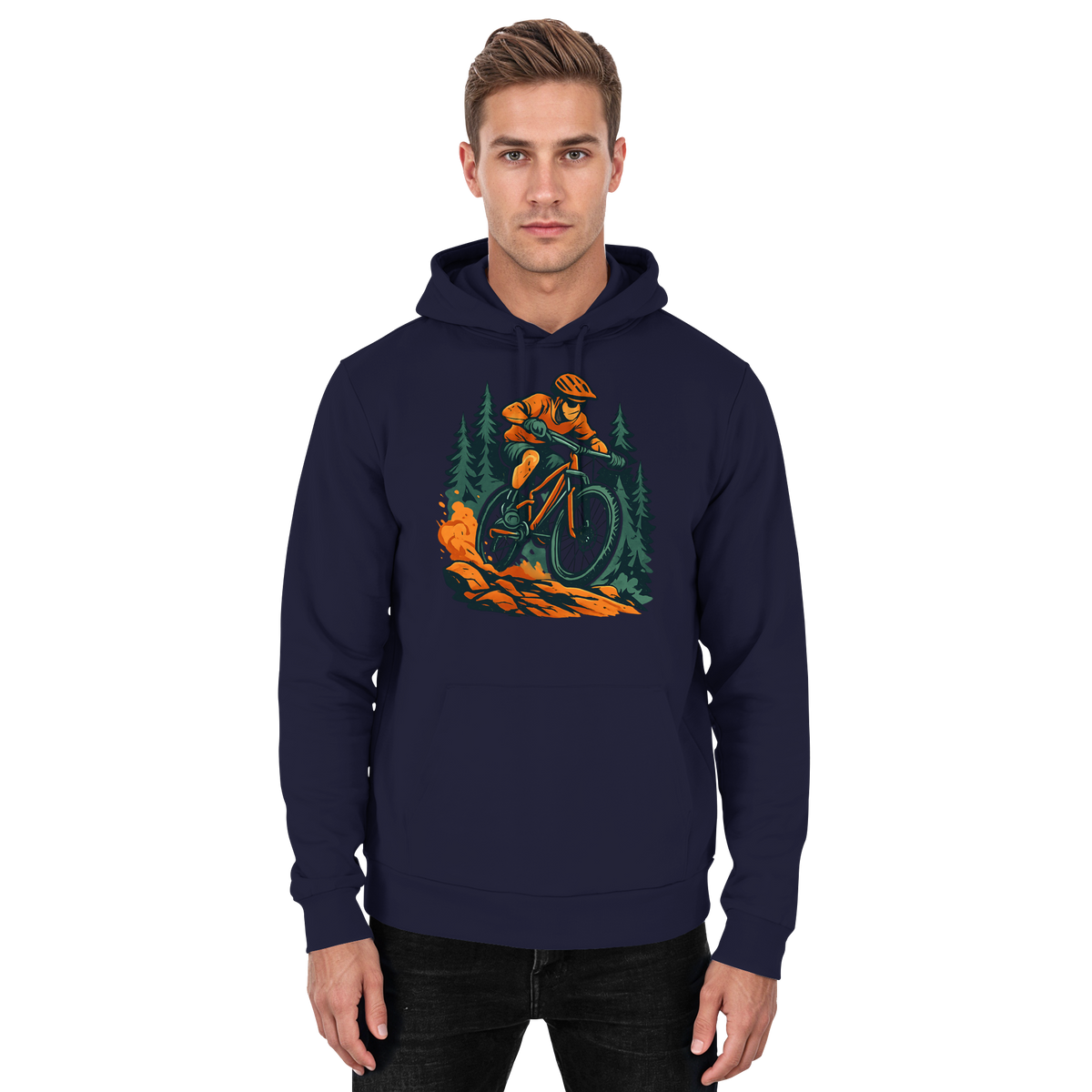 Front view of Arvenzo Dirt Rush unisex hoodie in navy with a simple design, featuring a hood and front pocket.