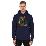 Front view of Arvenzo Dirt Rush unisex hoodie in navy with a simple design, featuring a hood and front pocket.