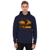 Front view of Arvenzo Elk Meadow Hoodie in navy, unisex design with a simple, classic hoodie style and front pocket.