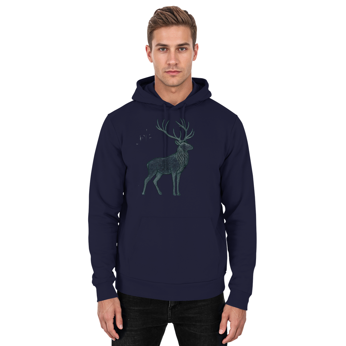 Front view of Arvenzo Mist Crown unisex hoodie in oxford navy, with a simple design and adjustable drawstrings.