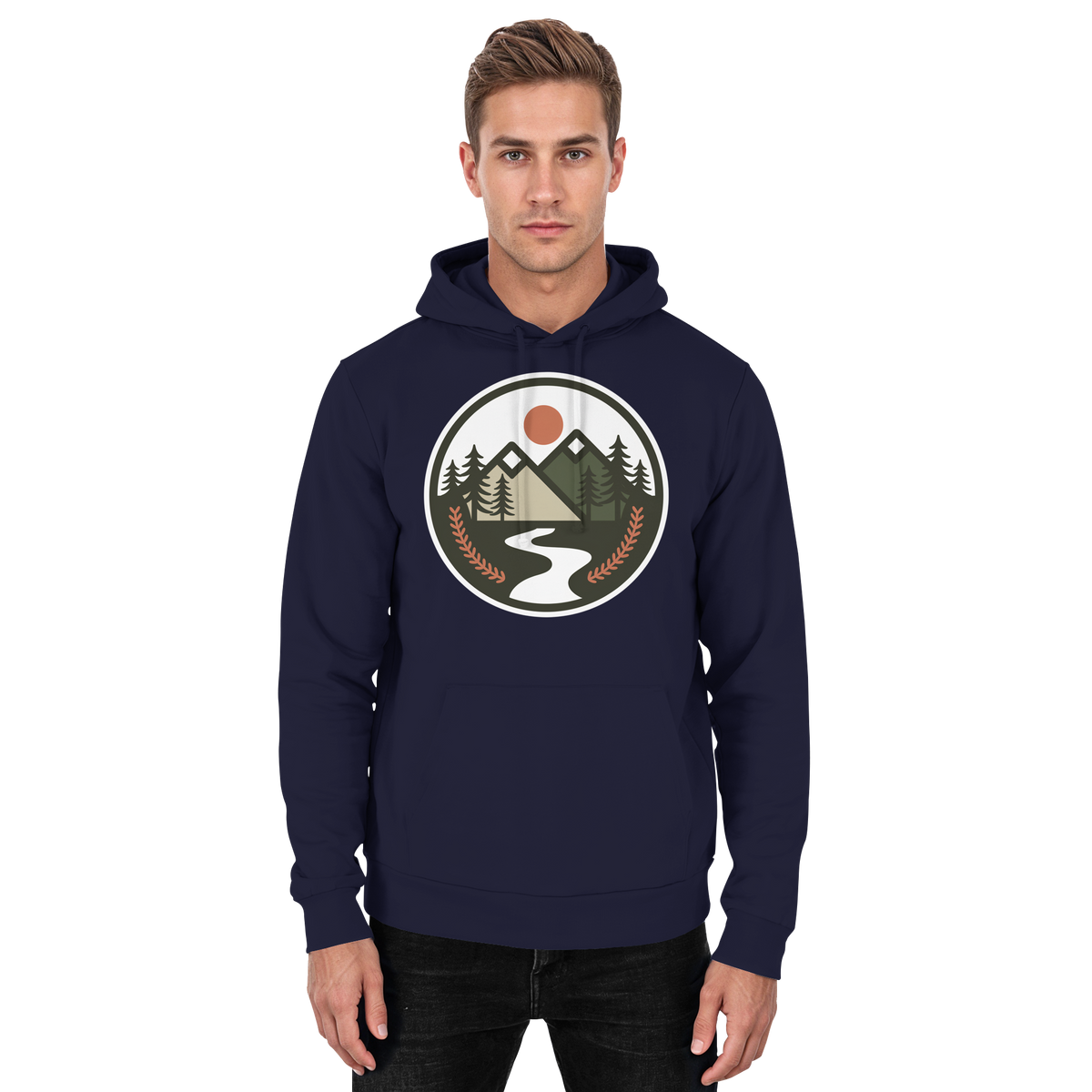 Front view of Arvenzo Open Ground unisex navy hoodie with a simple, classic design and a comfortable fit.