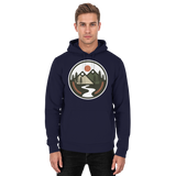 Front view of Arvenzo Open Ground unisex navy hoodie with a simple, classic design and a comfortable fit.