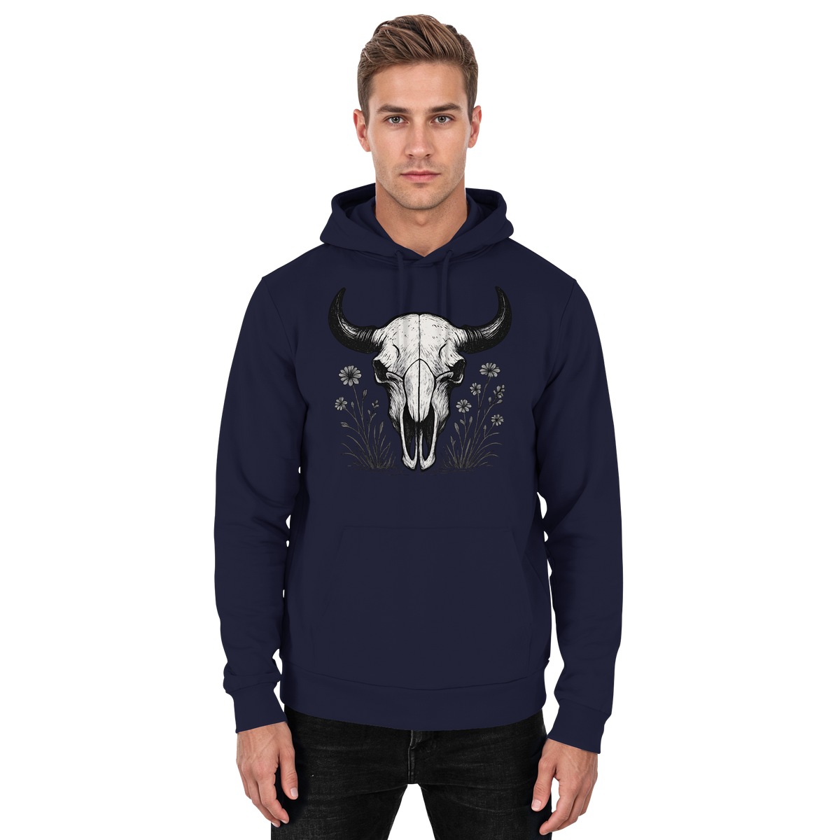 Front view of Arvenzo Bison Skull Hoodie in navy, featuring a minimalist bison skull design on a unisex hoodie.