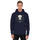 Front view of Arvenzo Bison Skull Hoodie in navy, featuring a minimalist bison skull design on a unisex hoodie.