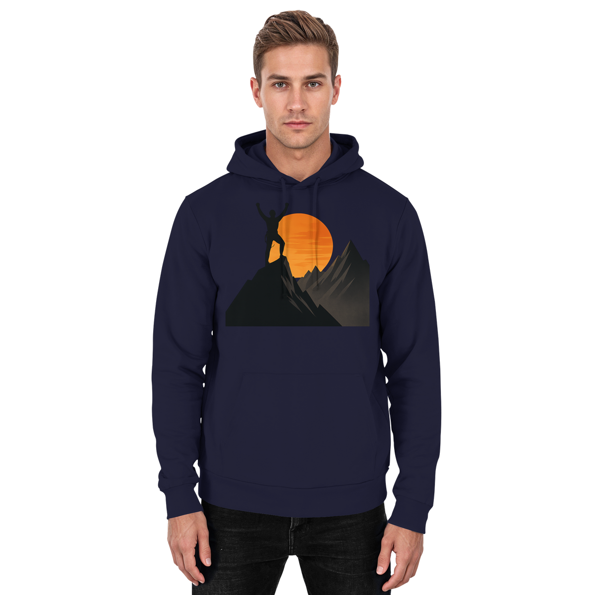 Front view of navy blue Arvenzo Bold Ascent unisex hoodie with a simple design and adjustable drawstring hood.