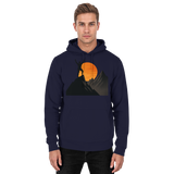 Front view of navy blue Arvenzo Bold Ascent unisex hoodie with a simple design and adjustable drawstring hood.
