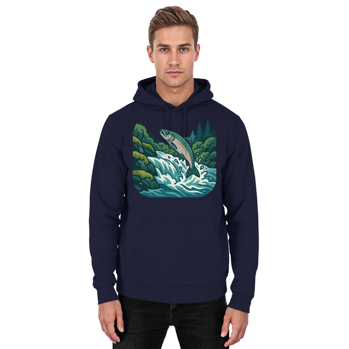 Front view of Arvenzo Silver Run hoodie, a unisex navy hoodie made of soft fabric with a casual fit and front pocket.