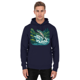Front view of Arvenzo Silver Run hoodie, a unisex navy hoodie made of soft fabric with a casual fit and front pocket.