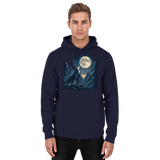 Front view of Arvenzo Silver Howl hoodie in navy, featuring a basic unisex design with a hood and silver graphic detail.