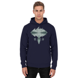 Front view of Arvenzo Mirror Lake unisex navy hoodie with a simple design and comfortable fit.