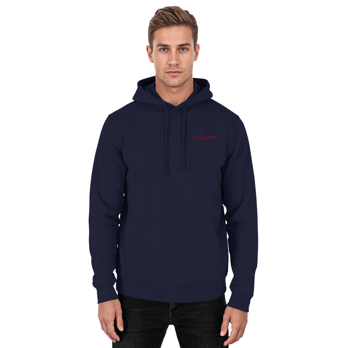 Front view of Arvenzo Pure Ground hoodie in navy, unisex design with a simple, classic fit and soft fabric.