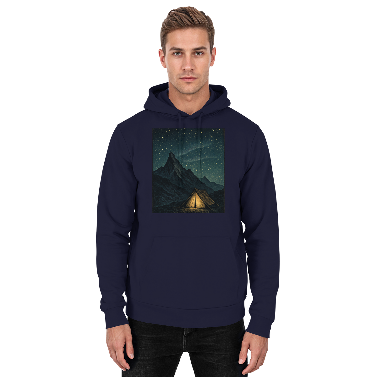 Front view of Arvenzo North Light unisex hoodie in navy with a simple design, showcasing the hoodie’s neckline and fabric texture.