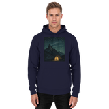 Front view of Arvenzo North Light unisex hoodie in navy with a simple design, showcasing the hoodie’s neckline and fabric texture.