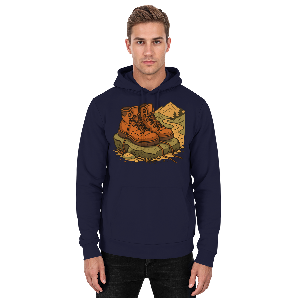 Arvenzo Trail Rest hoodie in navy, front view showing a comfortable unisex hoodie with a simple design and ribbed cuffs.