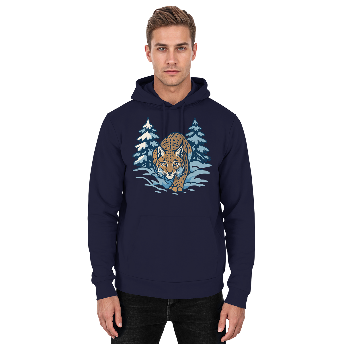 Front view of Arvenzo Snow Lynx hoodie in navy, unisex design with a basic fit and soft fabric.