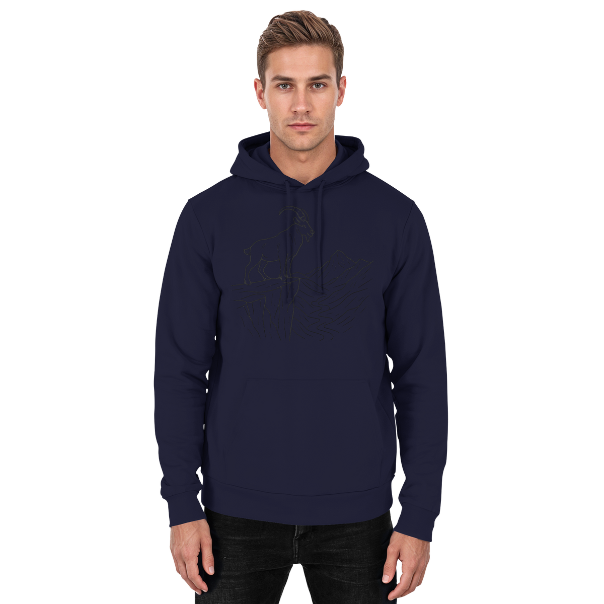 Unisex Oxford Navy Cliff Edge Hoodie by Arvenzo featuring a front view with a casual, comfortable hoodie design.