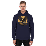 Front view of Arvenzo Iron Wing hoodie in navy, featuring a minimalist design and comfortable unisex fit.