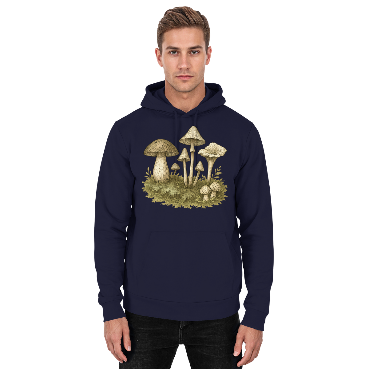 Front view of Arvenzo Forest Floor Hoodie, navy unisex hoodie with a forest-inspired design on the front.