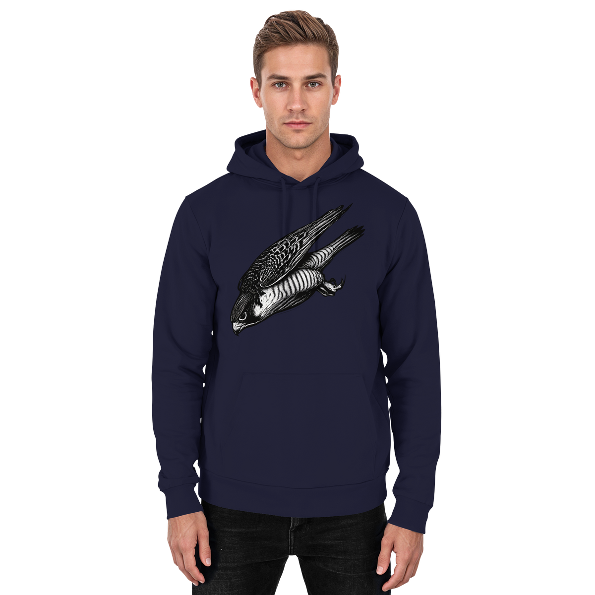 Front view of Arvenzo Swift Dive Hoodie, a unisex navy blue hoodie with a simple design and ribbed cuffs and hem.