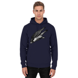 Front view of Arvenzo Swift Dive Hoodie, a unisex navy blue hoodie with a simple design and ribbed cuffs and hem.