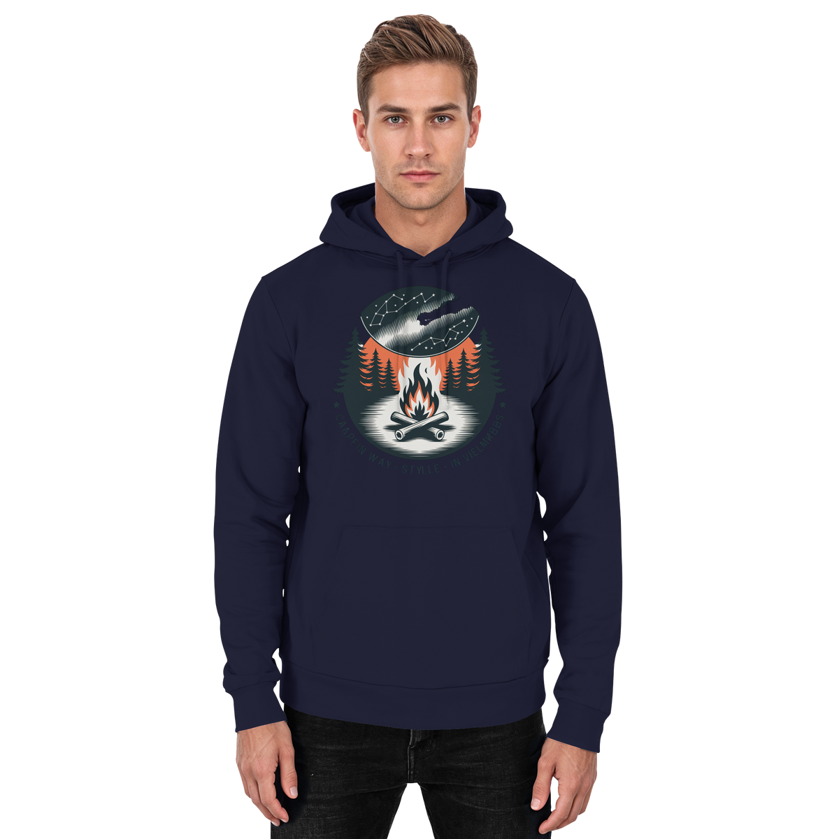 Arvenzo Star Map hoodie in navy, front view showing celestial star pattern on a unisex casual hoodie.