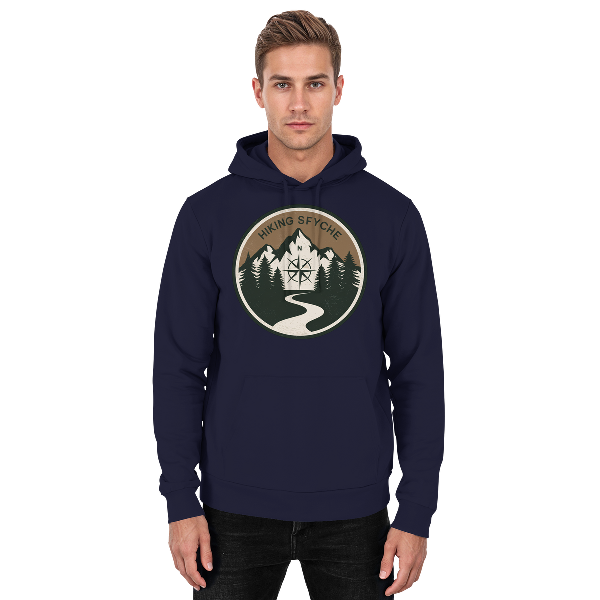 Front view of Arvenzo Trail Crest Hoodie in navy, unisex hoodie with simple design and a comfortable fit.