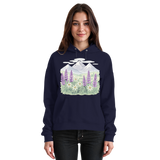 Front view of Arvenzo Alpine Bloom unisex hoodie in navy with a simple design, featuring a hood and front pocket.