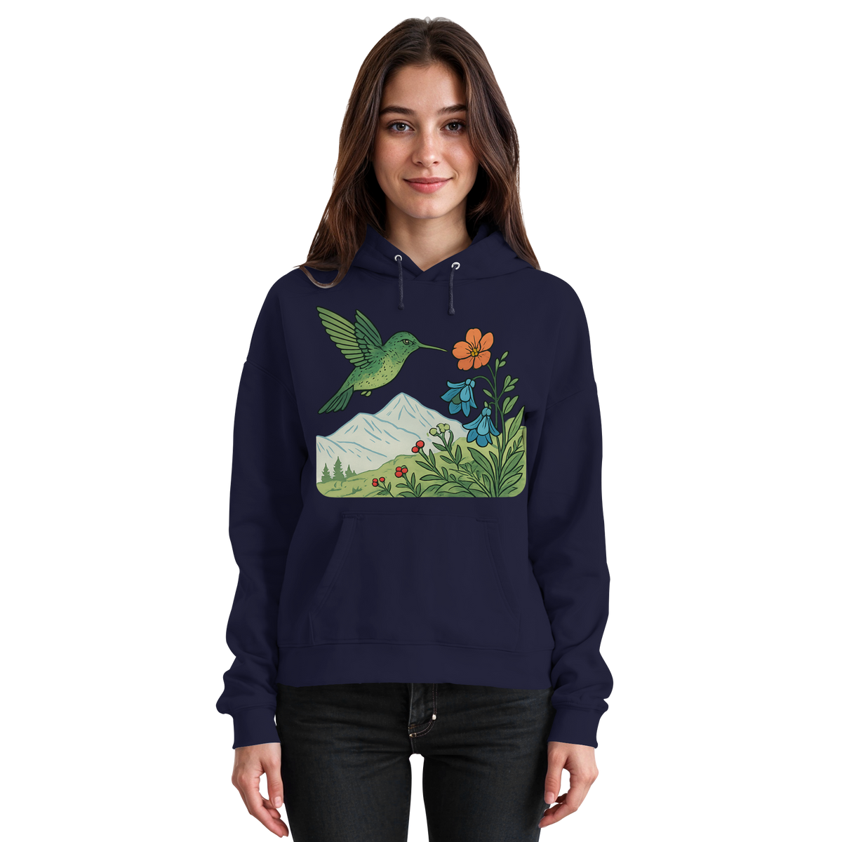 Front view of Arvenzo Bloom Wing unisex hoodie in navy with a simple design and comfortable fit.