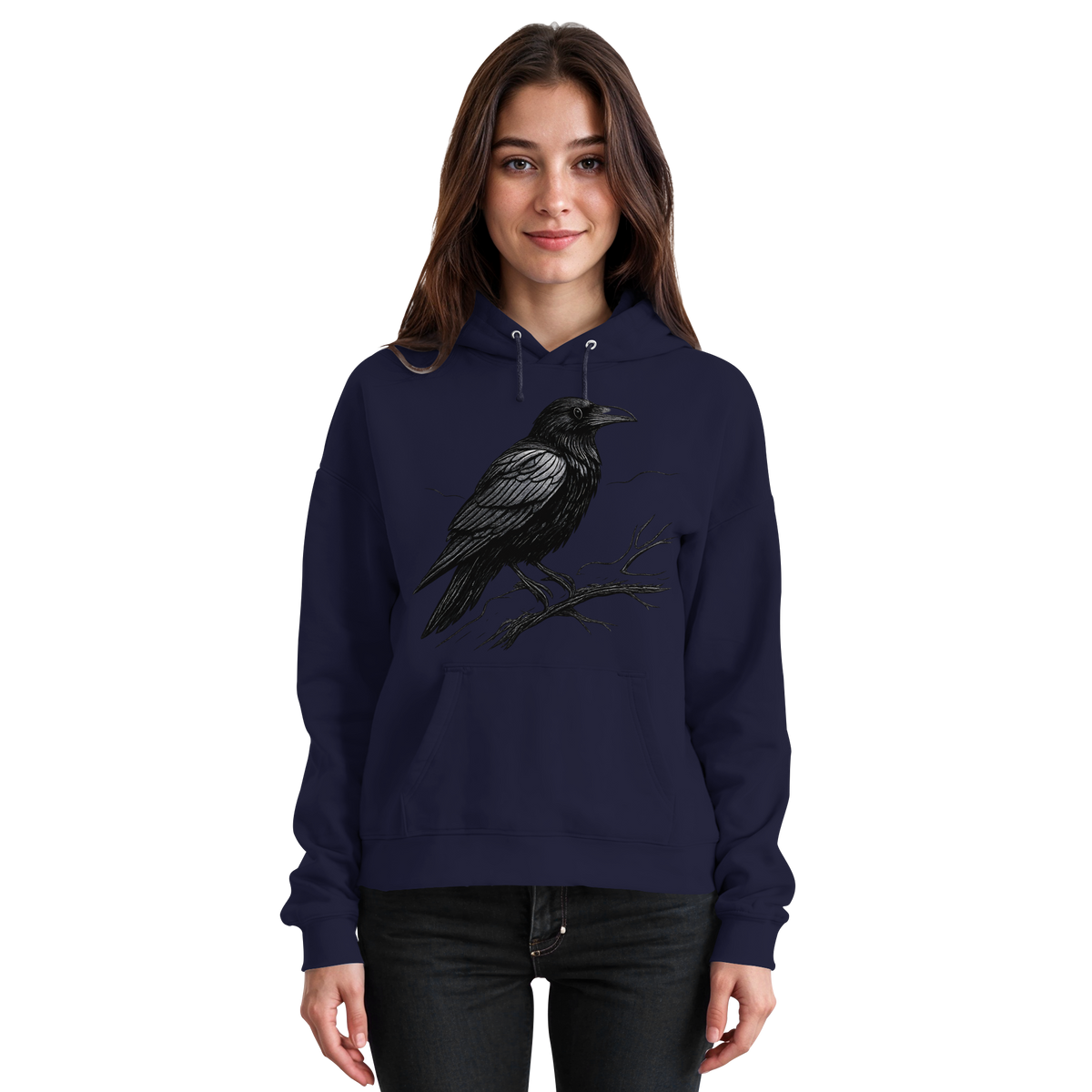 Front view of Arvenzo Dark Raven Hoodie in navy, unisex design with a classic hood and front pocket, casual and comfortable style.