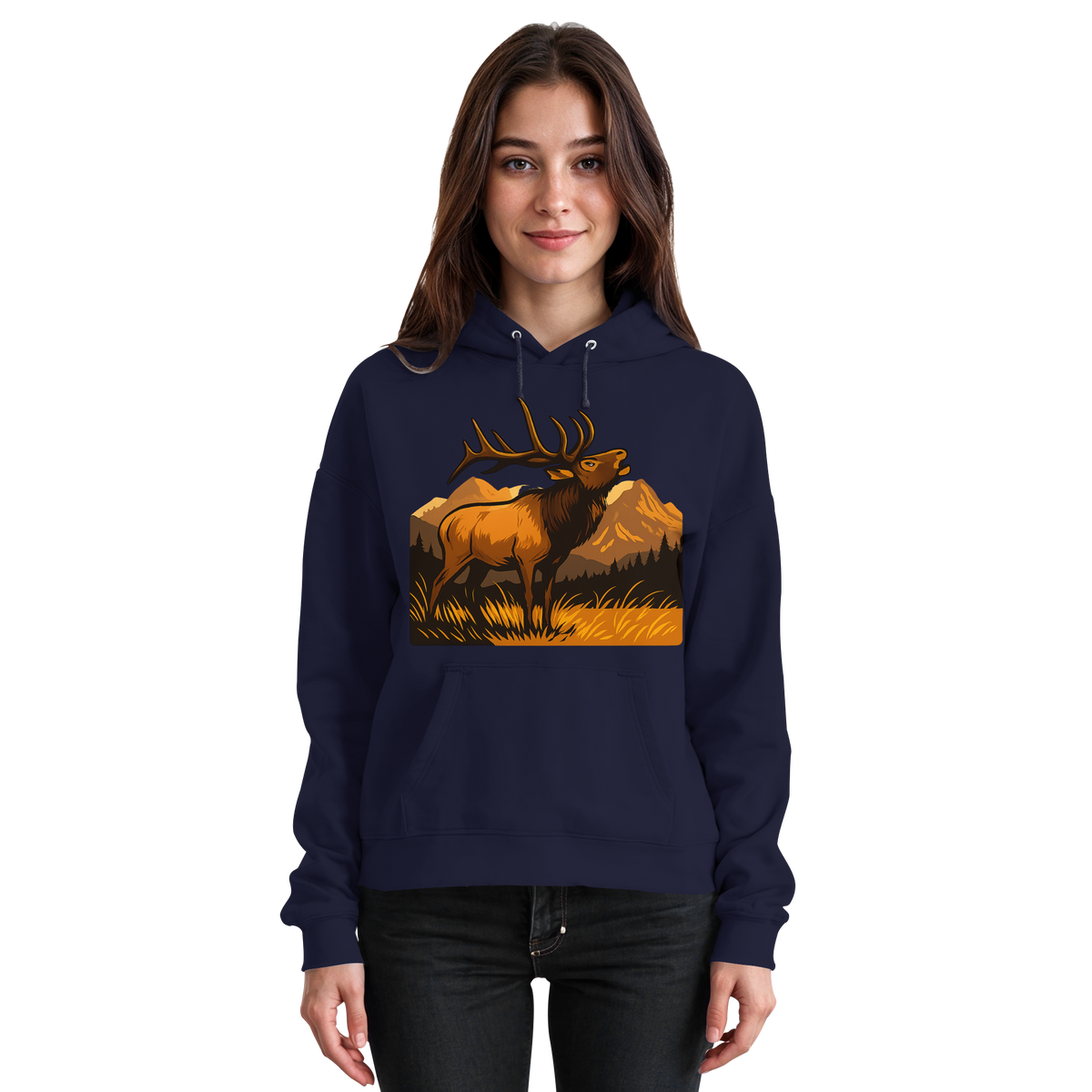 Unisex navy Elk Meadow Hoodie by Arvenzo with front design, soft fabric, and casual fit shown from the front.