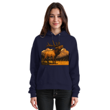 Unisex navy Elk Meadow Hoodie by Arvenzo with front design, soft fabric, and casual fit shown from the front.