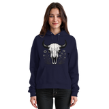 Navy Arvenzo Bison Skull Hoodie with front graphic, unisex design, casual style, and comfortable fit.