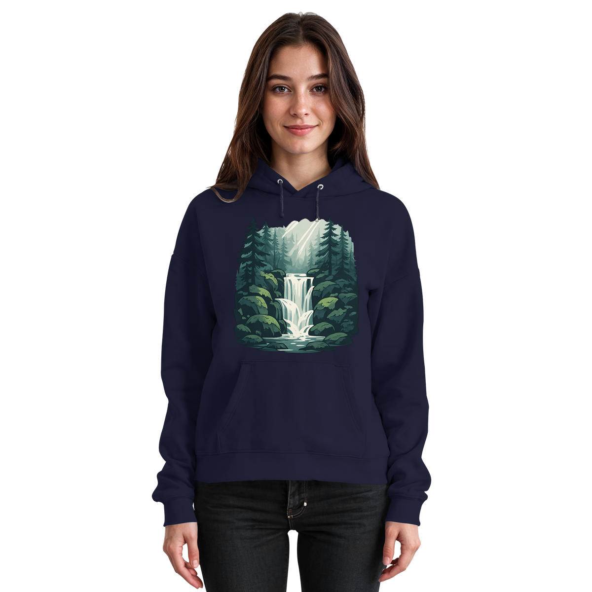 Unisex Fall Creek Hoodie by Arvenzo in navy blue with a front design, soft fabric, and a casual fit for everyday wear.