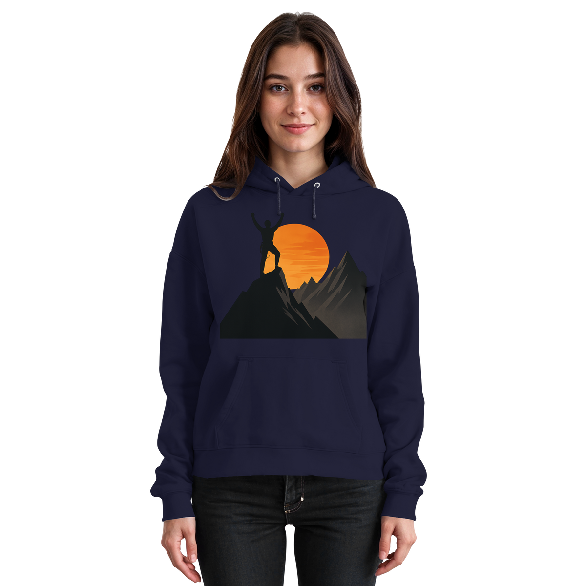 Front view of Arvenzo Bold Ascent hoodie in navy, featuring a basic unisex design with a drawstring hood and soft fabric.