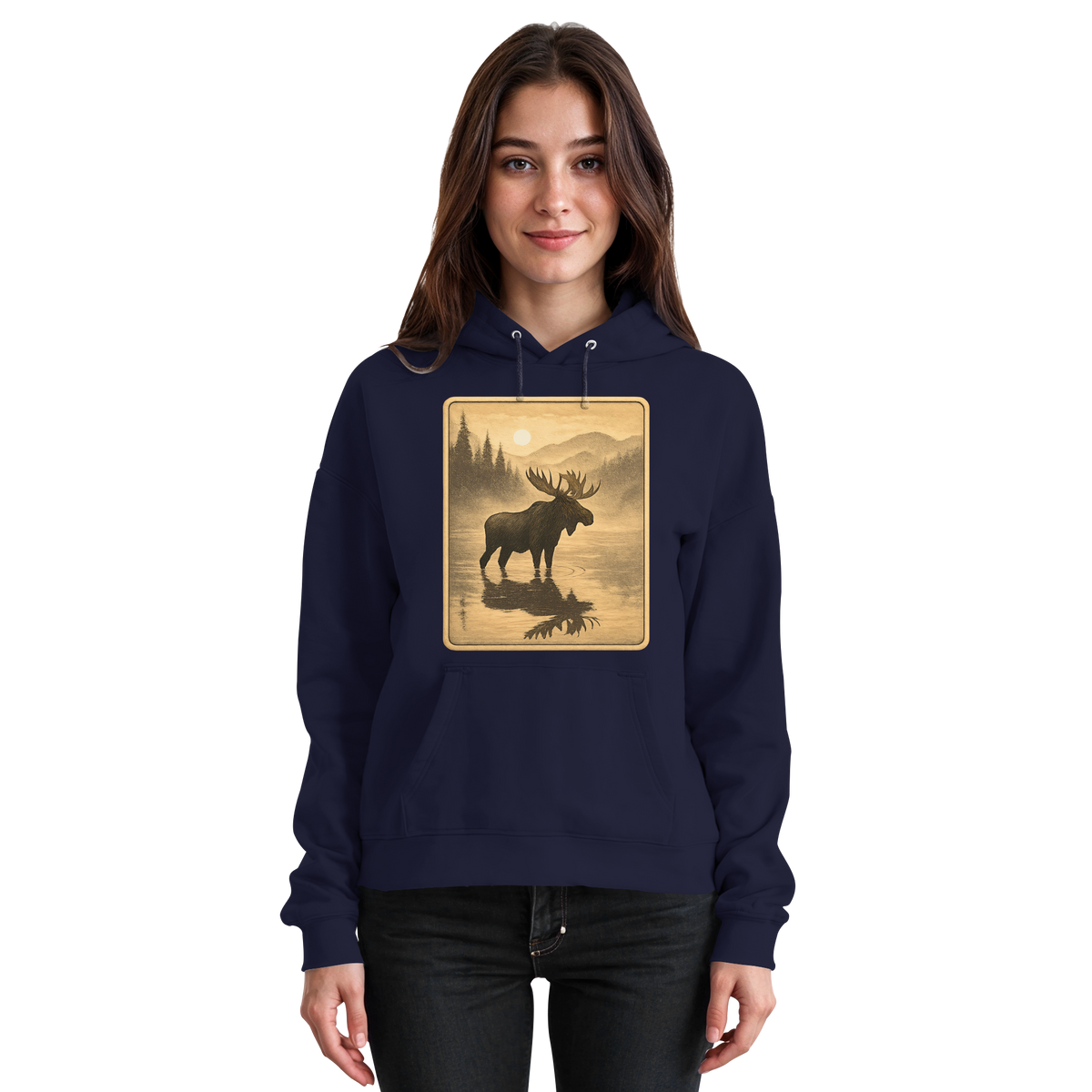 Front view of Arvenzo Calm Shore unisex hoodie in navy, featuring a simple design and soft cotton fabric.