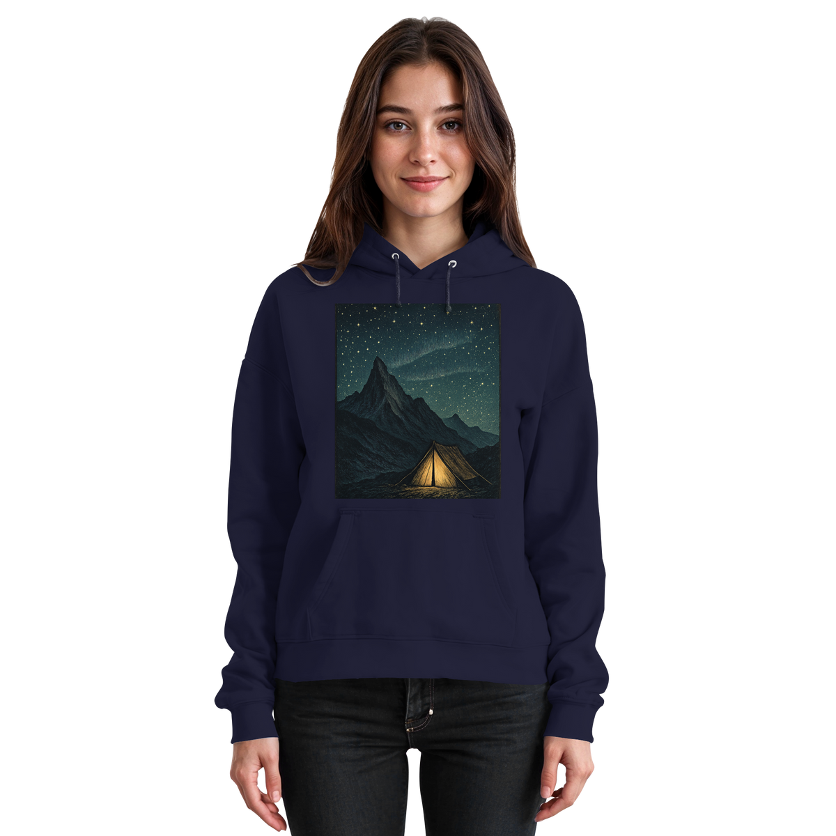 Front view of Arvenzo North Light unisex hoodie in navy with a simple design and comfortable fit.