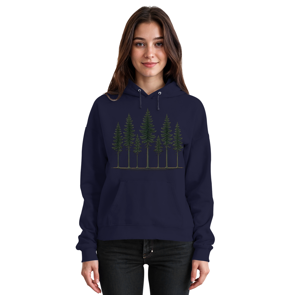 Front view of Arvenzo Pine Dusk Hoodie, a navy unisex hoodie with a simple design and a comfortable fit.